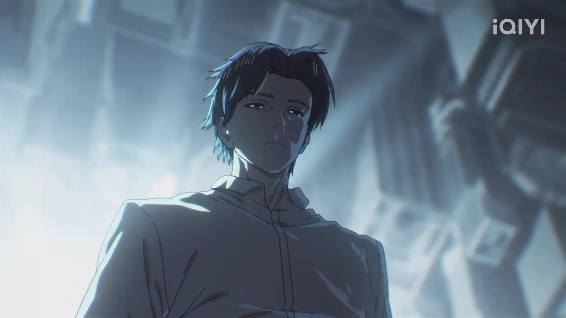 super cube character stares blankly with bright light behind him